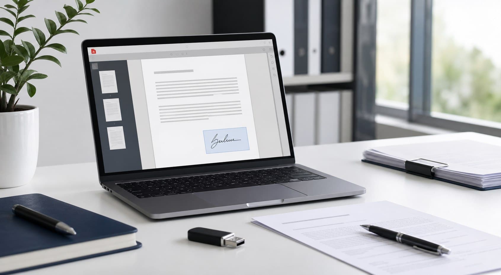 Máy tính đang mở tài liệu PDF cùng thiết bị ký số trên bàn làm việc